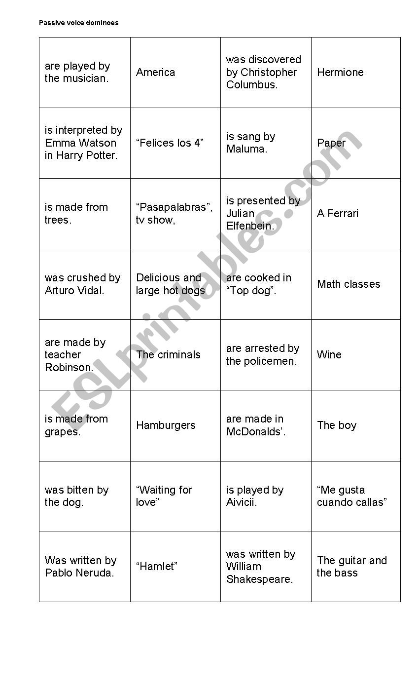 Passive voice domino worksheet