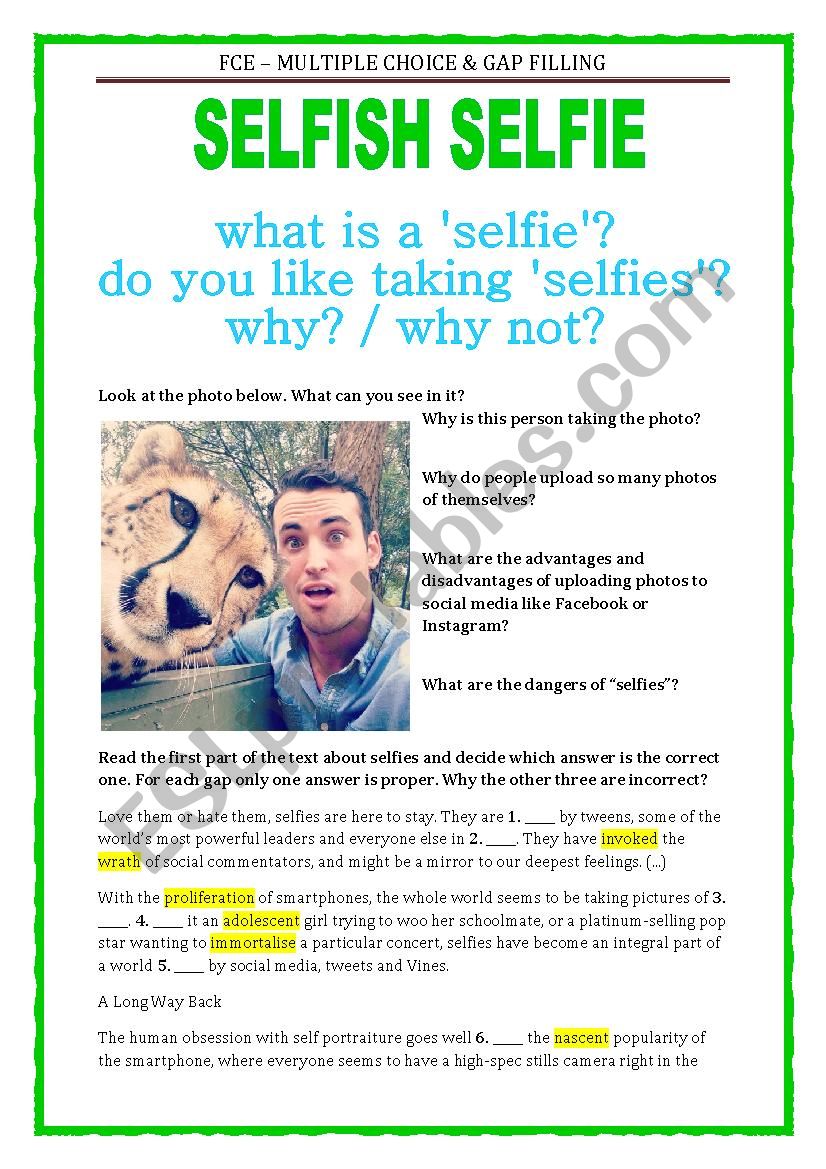 FCE - SELFIES with a key worksheet