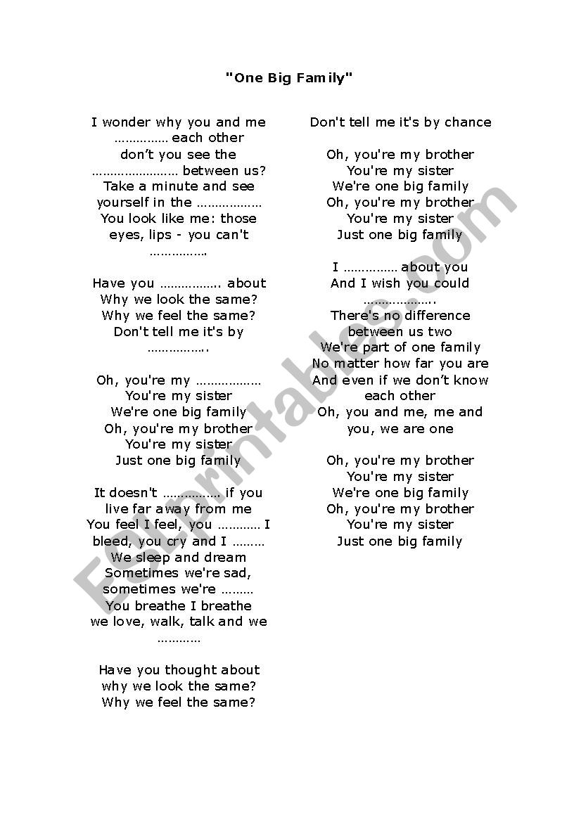 Song one big family worksheet