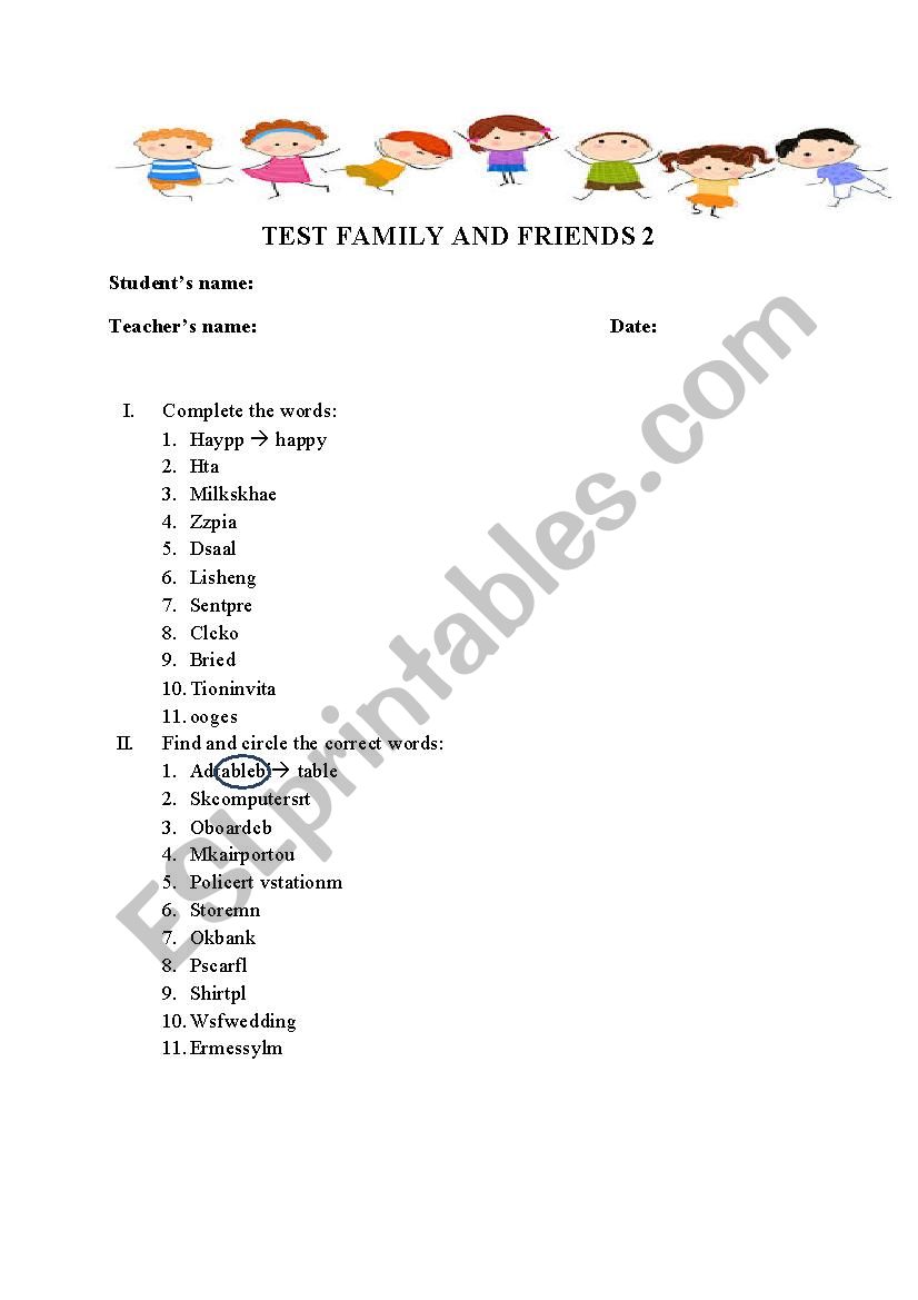 Family and friends 2 test esl worksheet by taiduyen