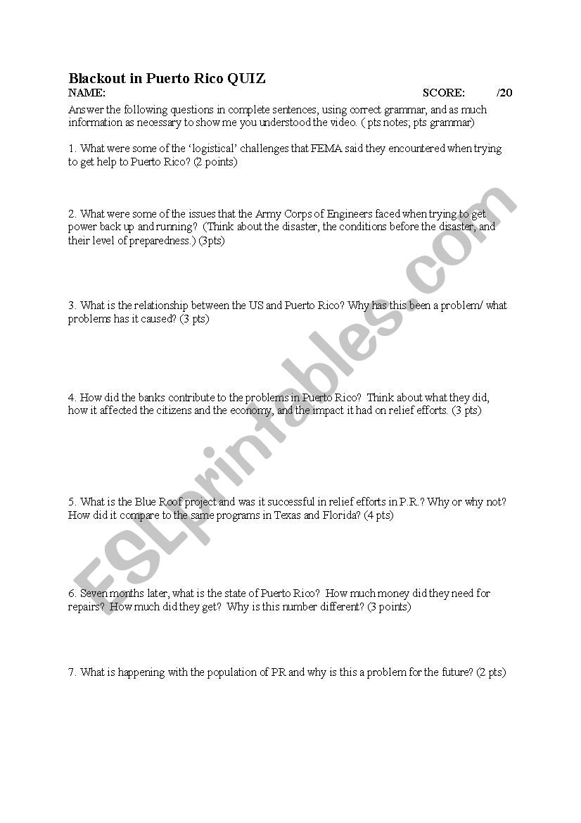 Blackout In Puerto Rico Video Comprehension Quiz