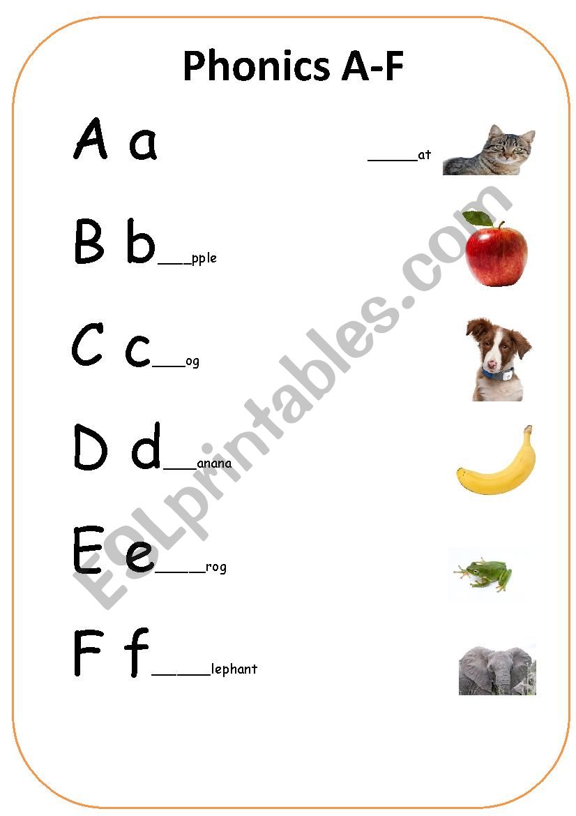 Phonics Match and Write A - F worksheet