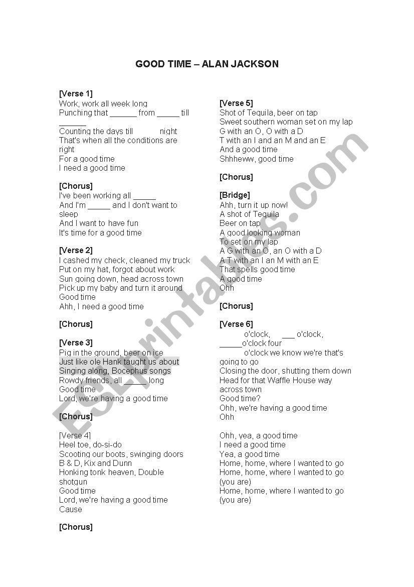 Good Time - Alan Jackson worksheet