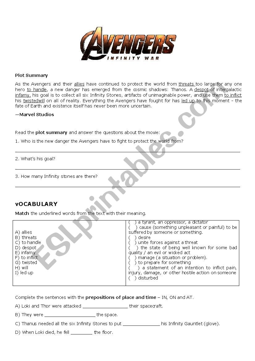 Avengers Infinity War Vs Past Simple And Continuous And Prepositions Of Place And Time Esl Worksheet By Beeblack
