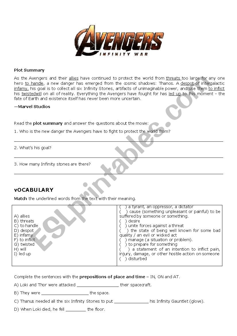Avengers Infinity War vs Past Simple and Continuous and Prepositions of Place and Time