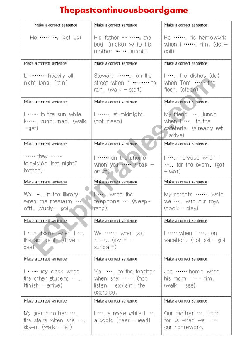 Boardgame past continuous worksheet