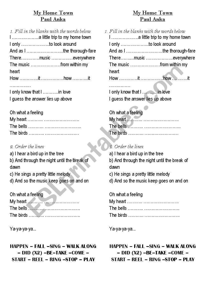 My Home Town - Paul Anka worksheet