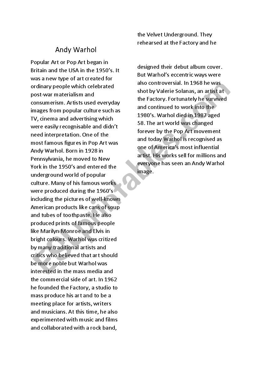 Andy Warhols bio transcript worksheet