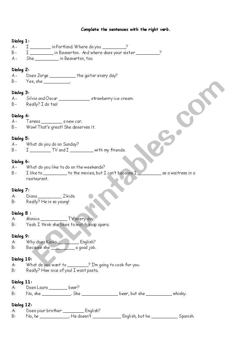 Complete the dialogs worksheet