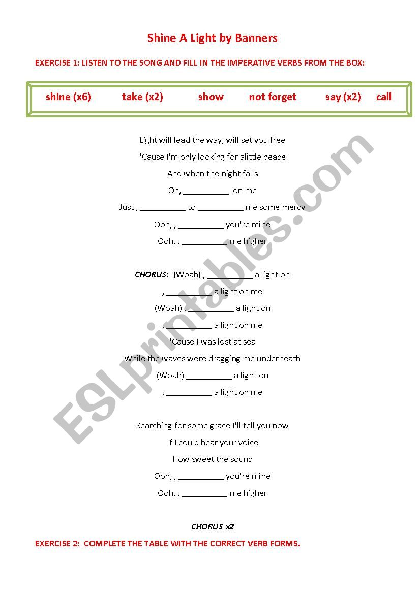 Shine a Light by Banners: Imperative Mood worksheet