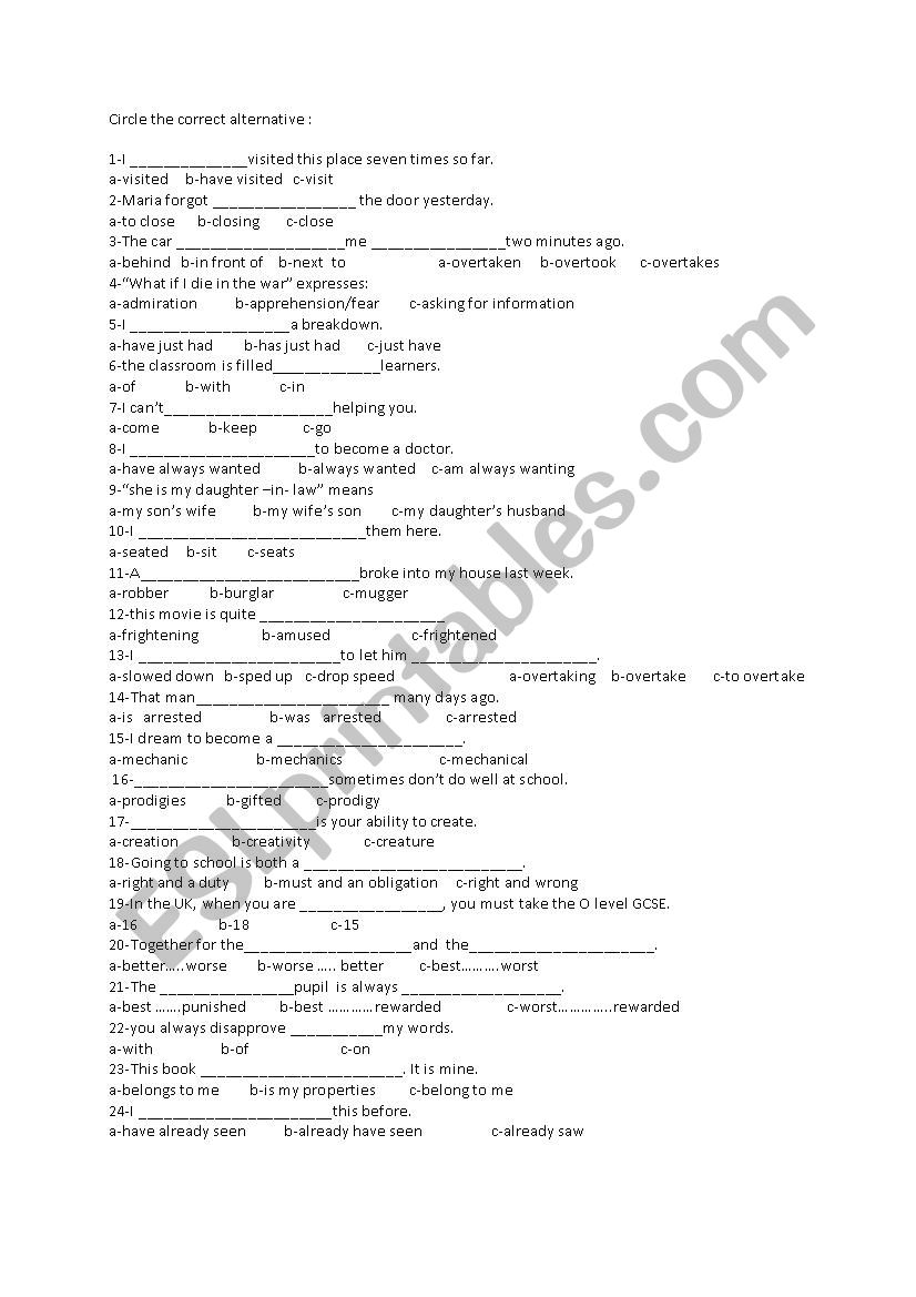 multiple choice question  worksheet