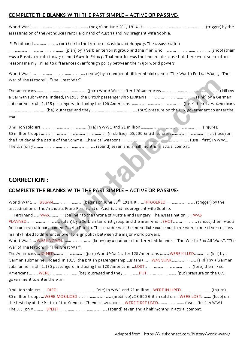 WORLD WAR 1 AND PAST SIMPLE ACTIVE - PASSIVE