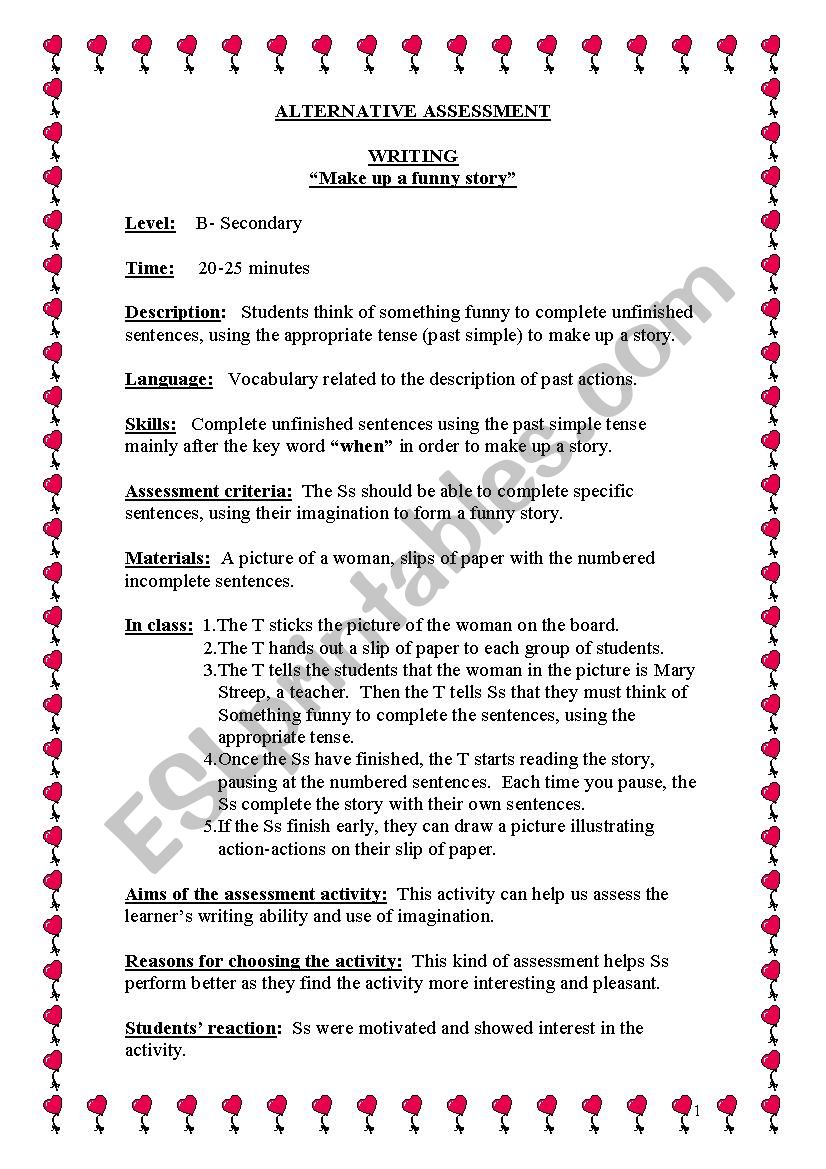 alternative assessment worksheet