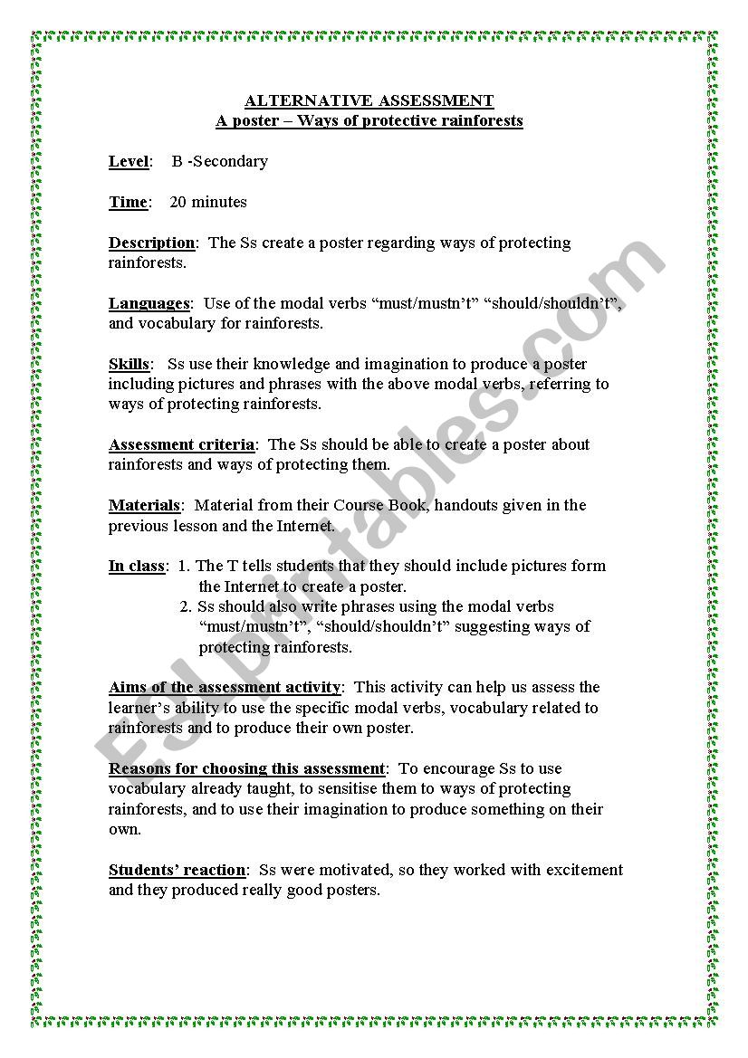 alternative assessment worksheet