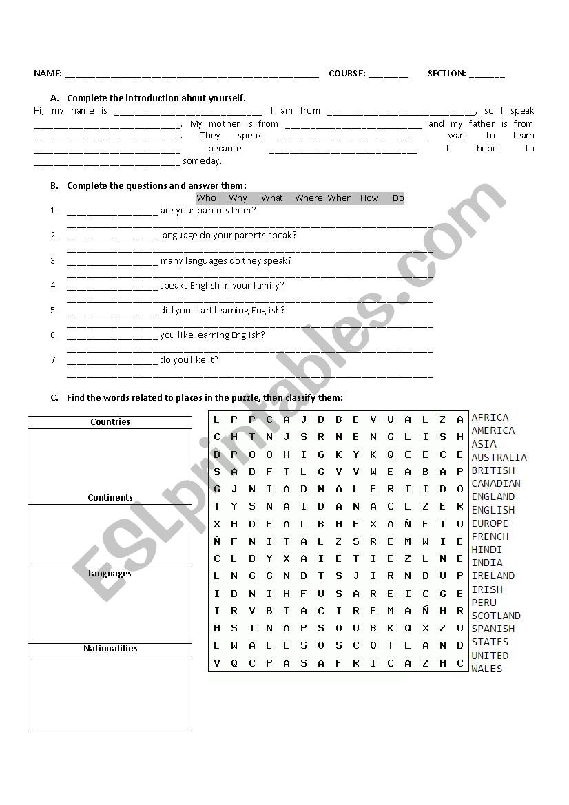 Recycle worksheet