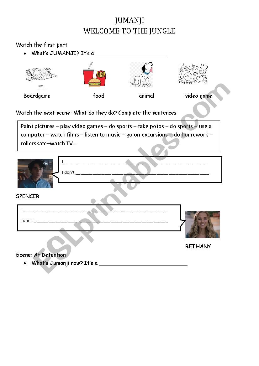 Jumanji Welcome to the jungle worksheet