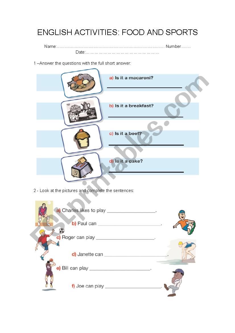 FOOD AND APORTS worksheet