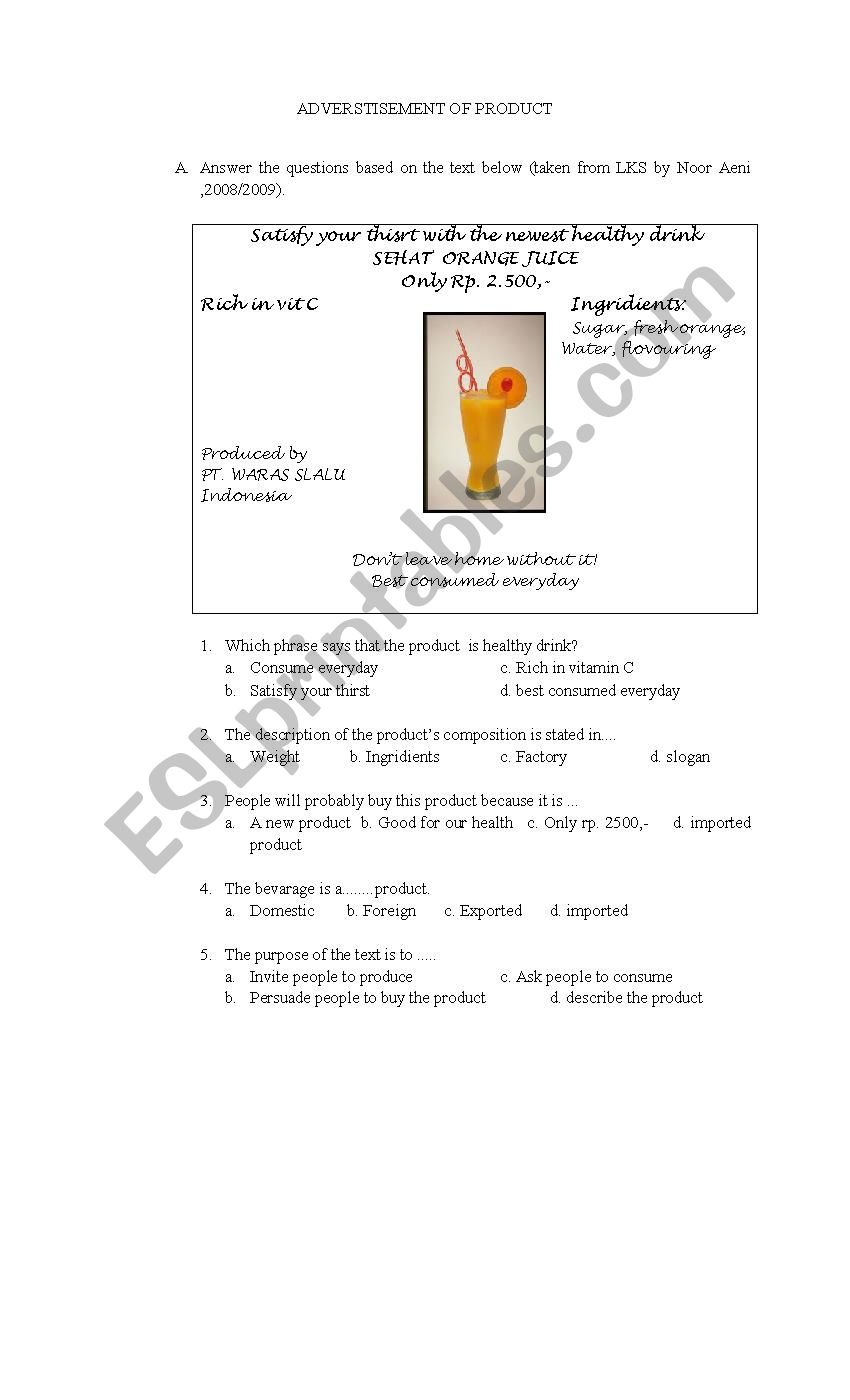 advertisement of product worksheet