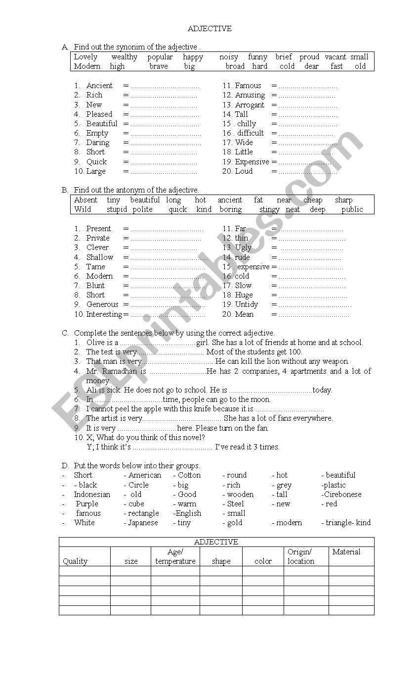 ADJECTIVE worksheet