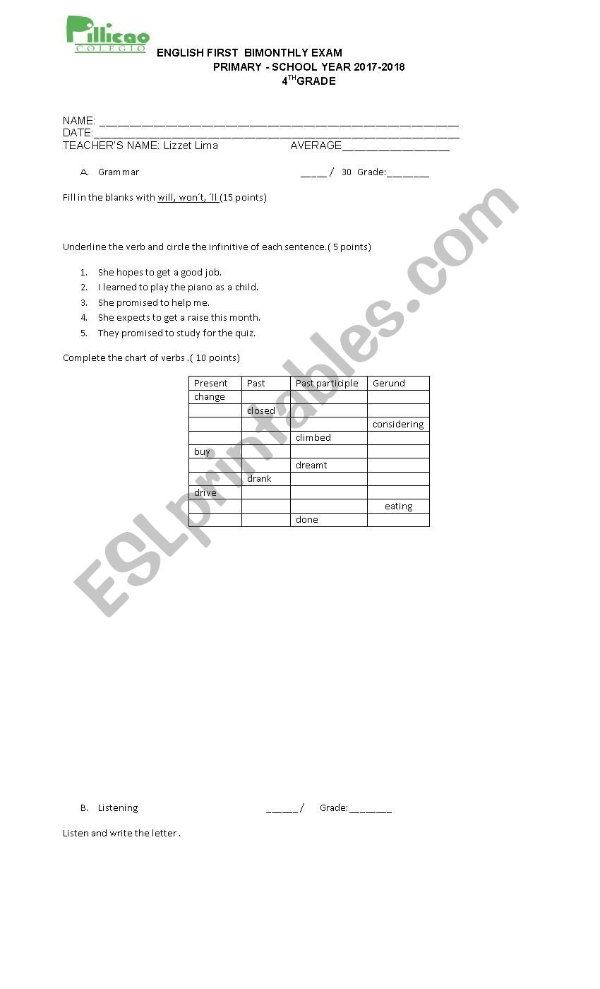 4th exam worksheet