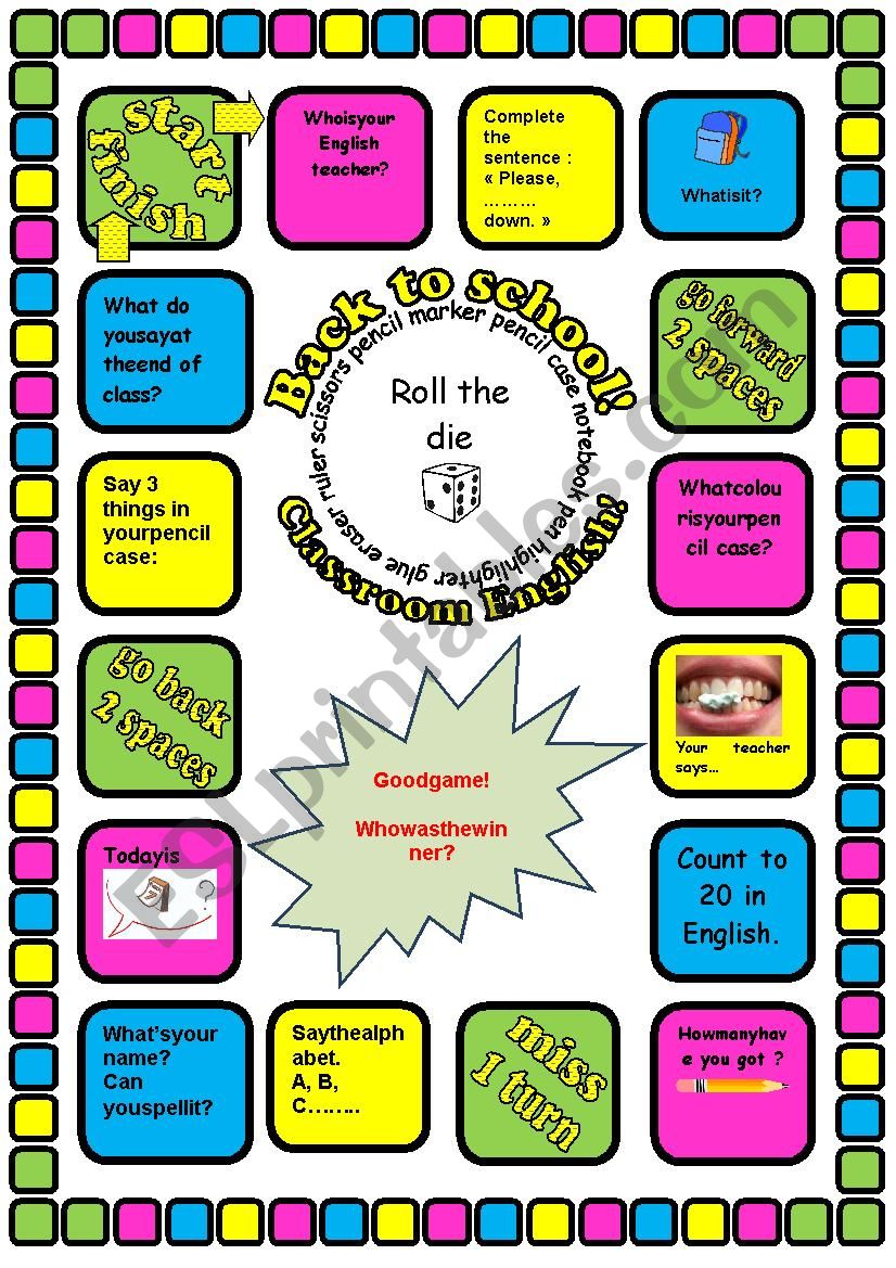 Back to school board game worksheet