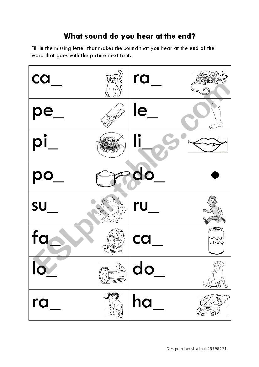 End sounds  worksheet