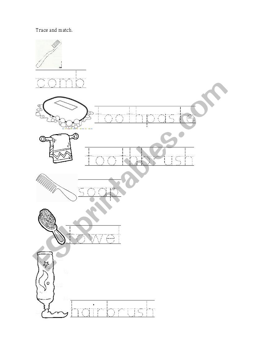 Bath items trace and match. worksheet