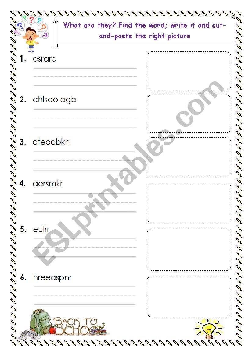 School objects for young learners unscramble, cut-and-paste
