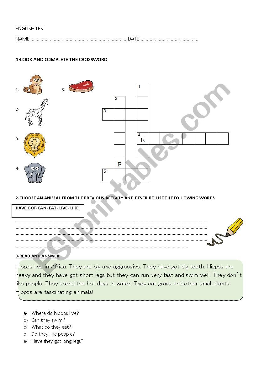 Wild Animals test worksheet