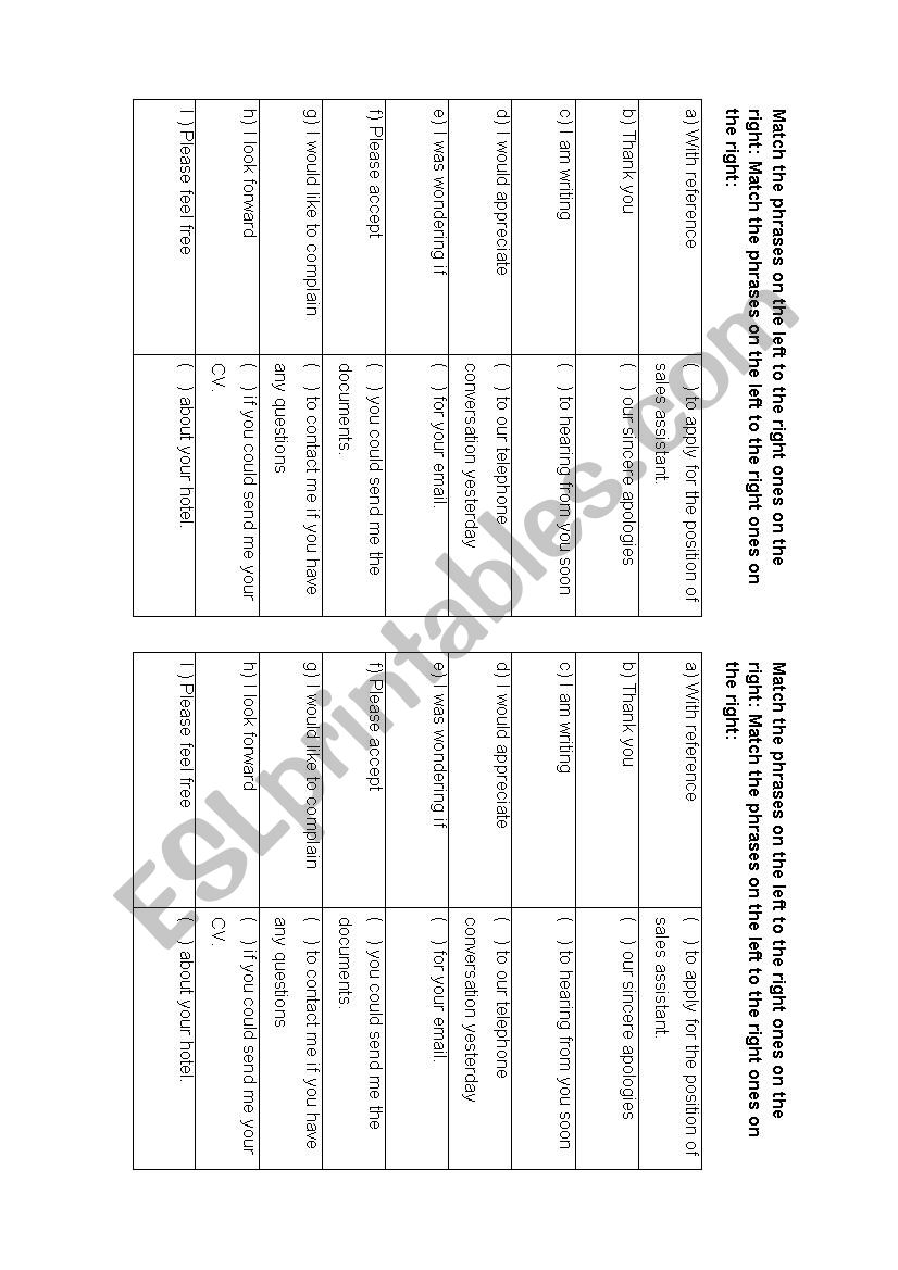 Formal letter phrases worksheet