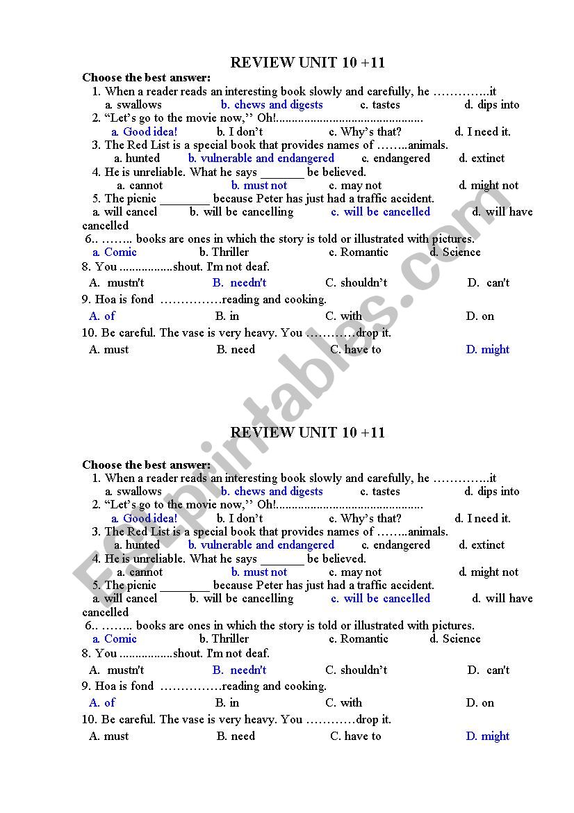 review Unit 10- grade 12 worksheet