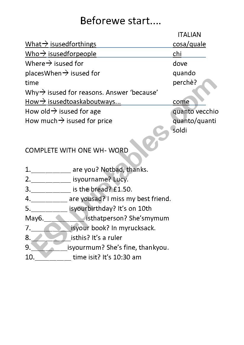 Food and shopping worksheet