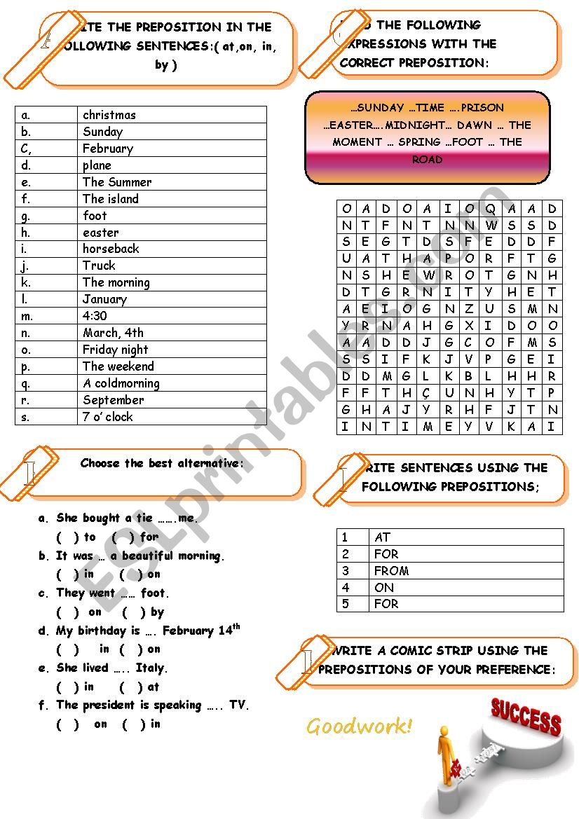 PREPOSITIONS IN, AT, ON, FOR worksheet