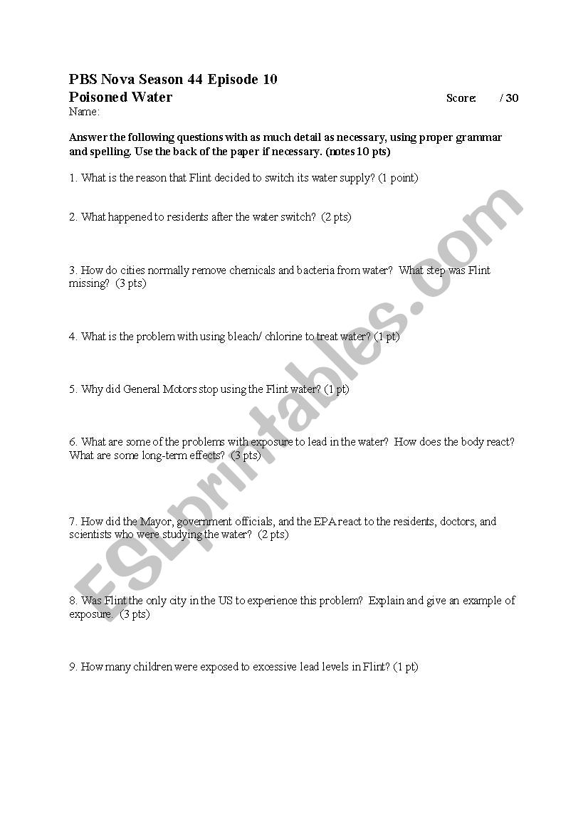 Poisoned Water Quiz Esl Worksheet By Sanchesm