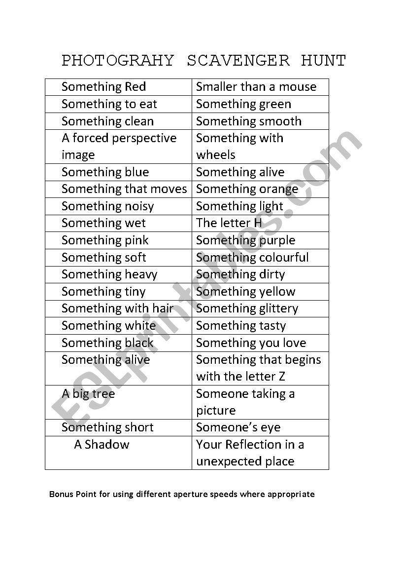 Photography  worksheet