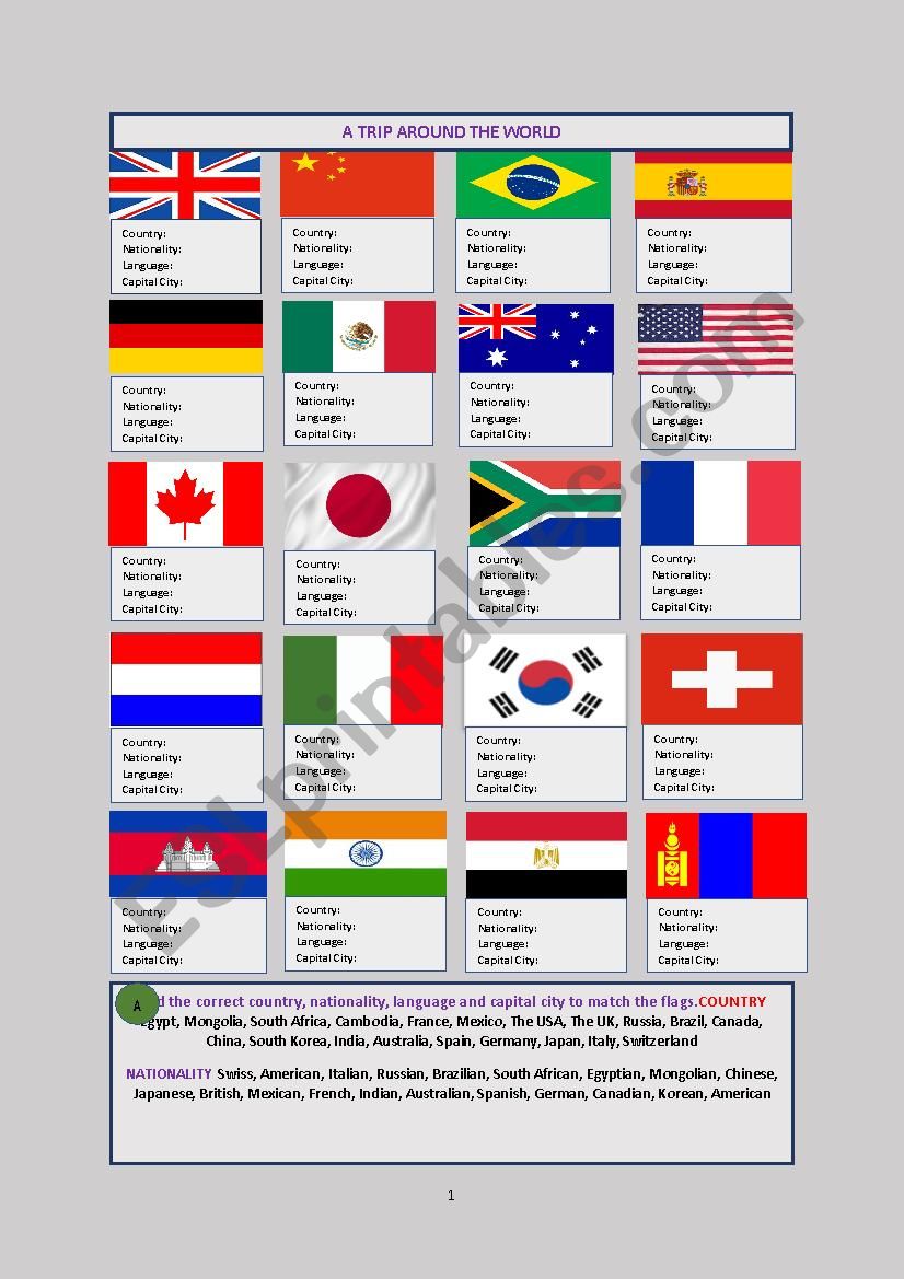 A Trip Around The World-20 Flags, Nationalities, Languages & Capital Cities