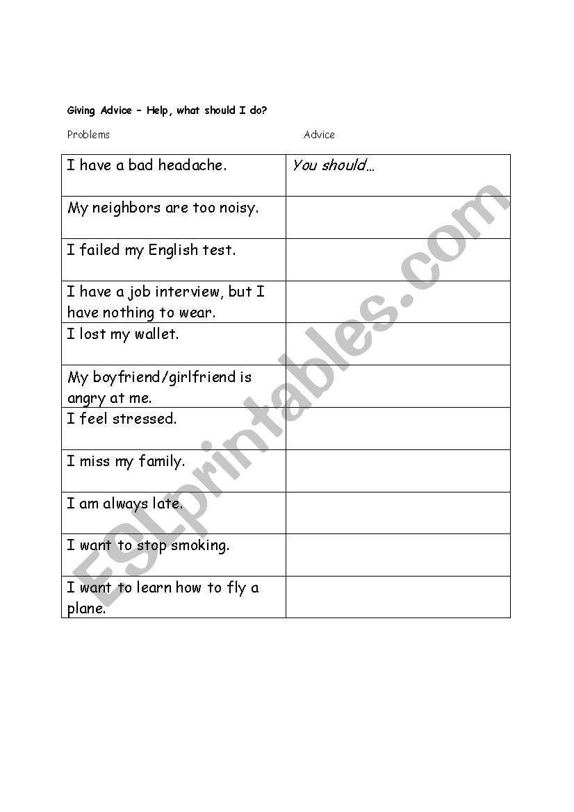 giving advice using should worksheet