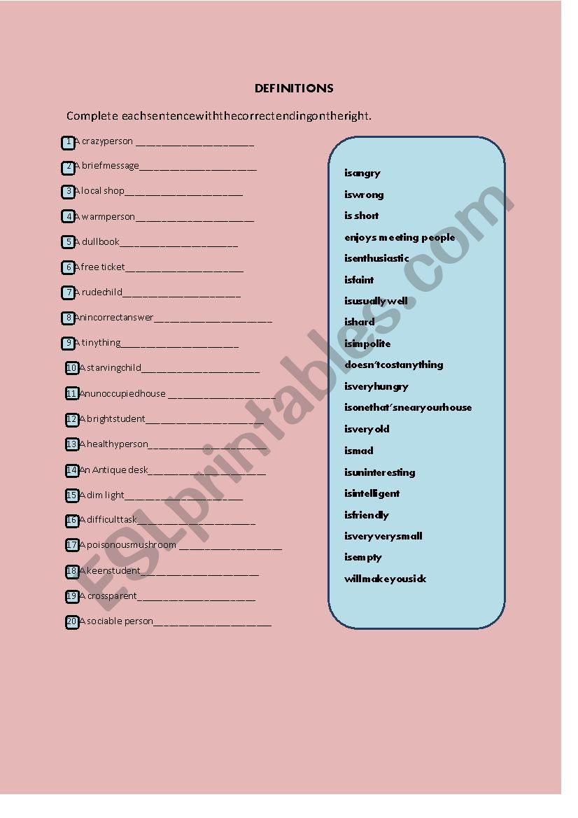 Definitions worksheet