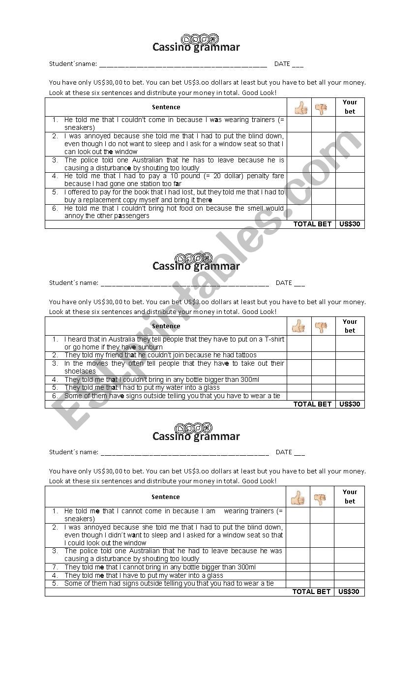 CASSINO GRAMMAR  worksheet