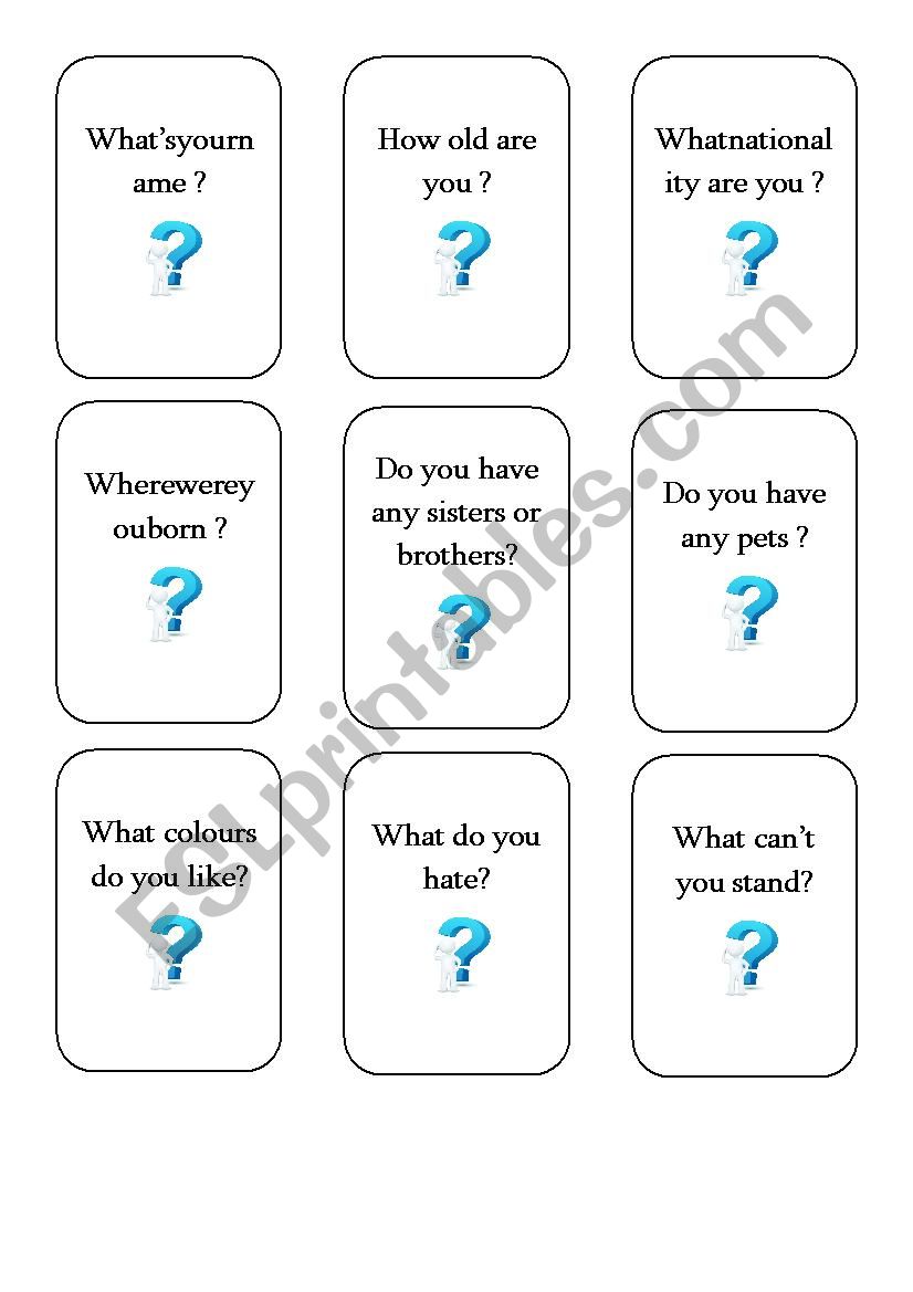 question cards worksheet