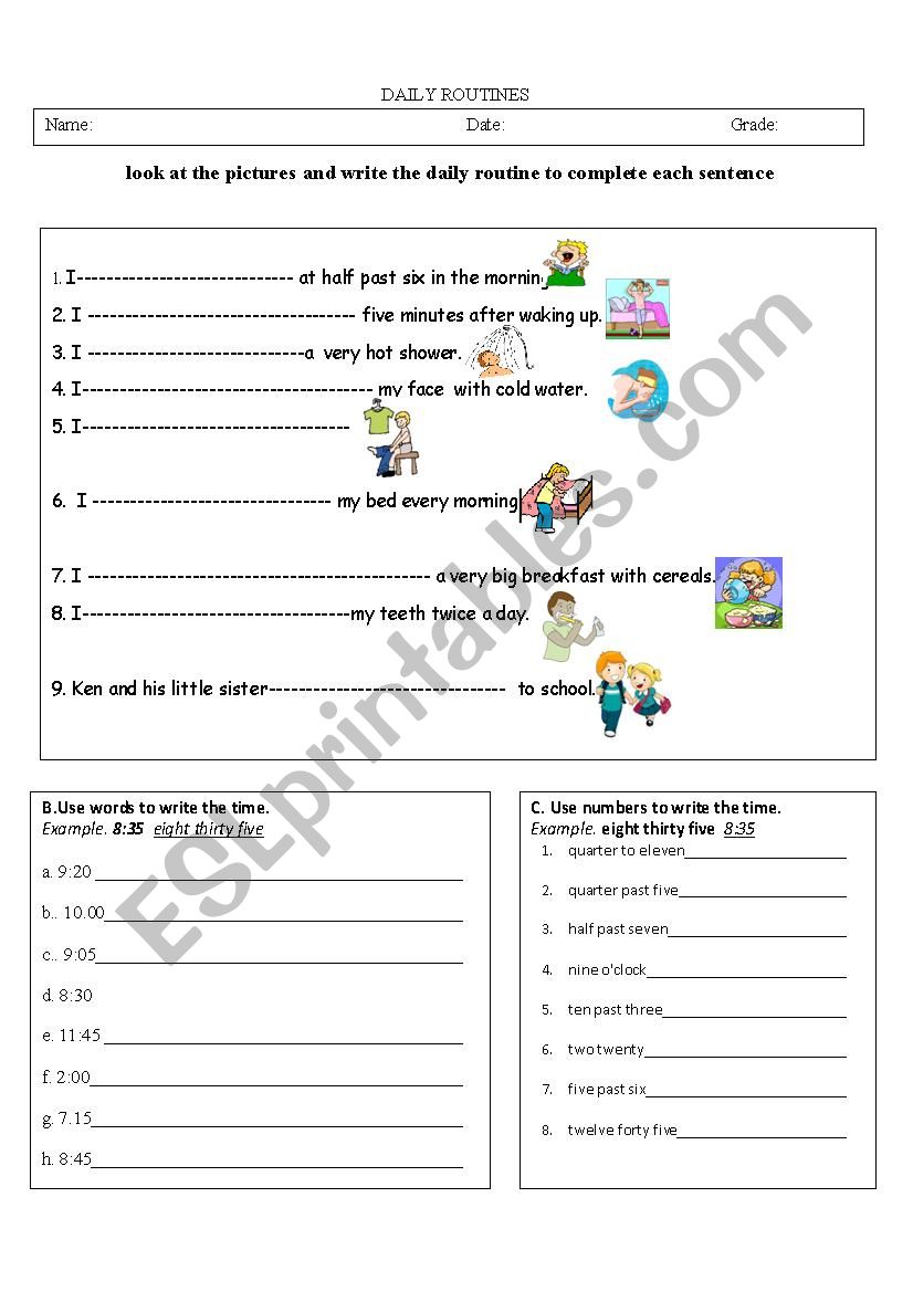 Daily Routine and Time worksheet
