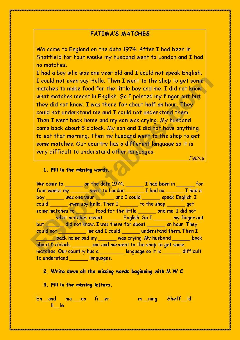 FatimaÂ´s matches - reading and writing