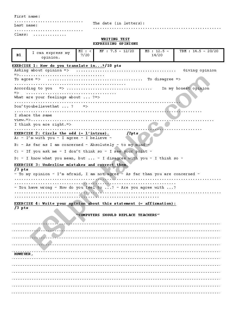 Test on Expressing opinions worksheet