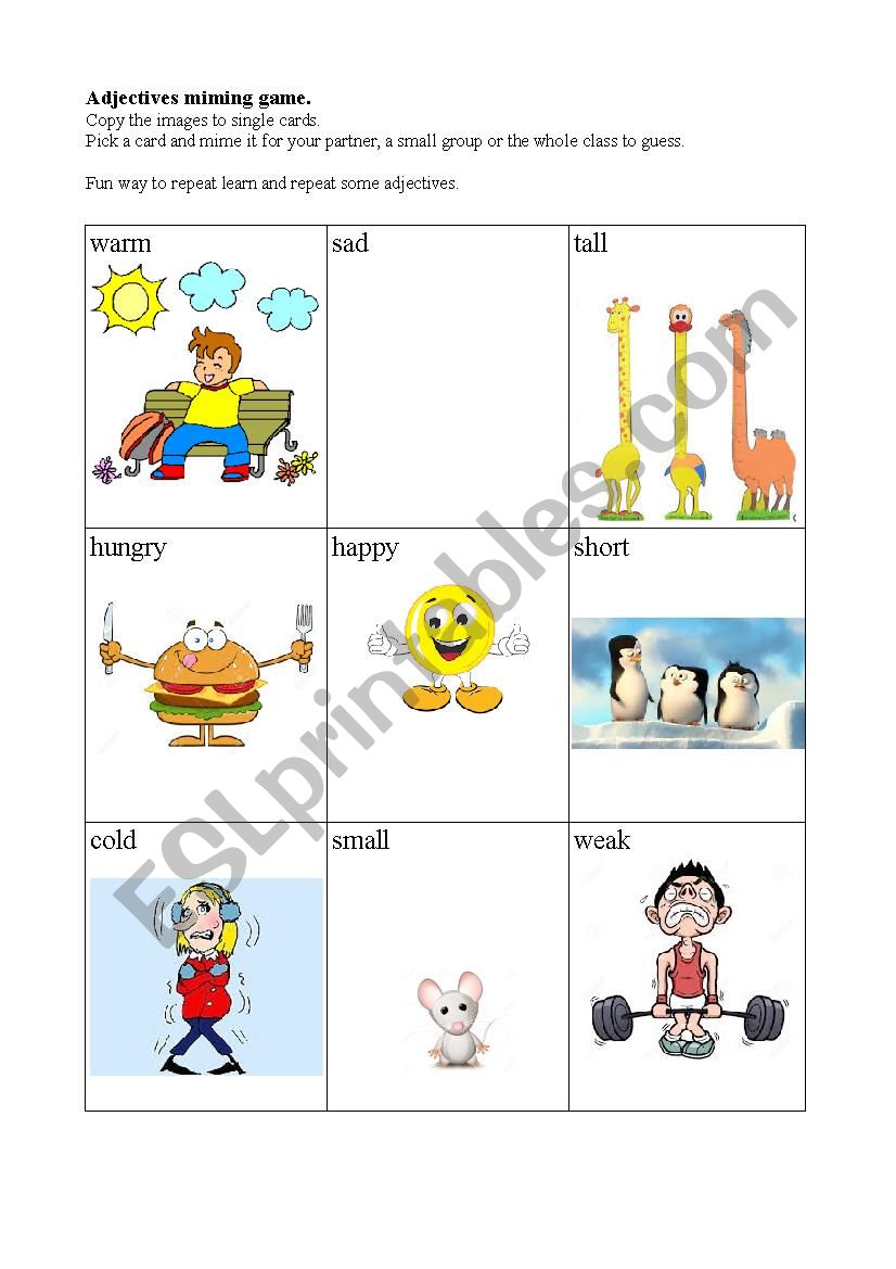 English adjective miming game worksheet