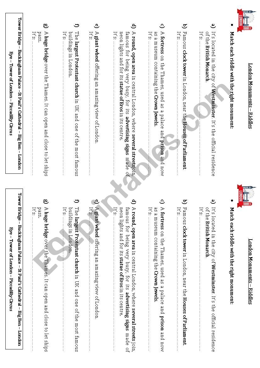 London Monuments Riddles worksheet