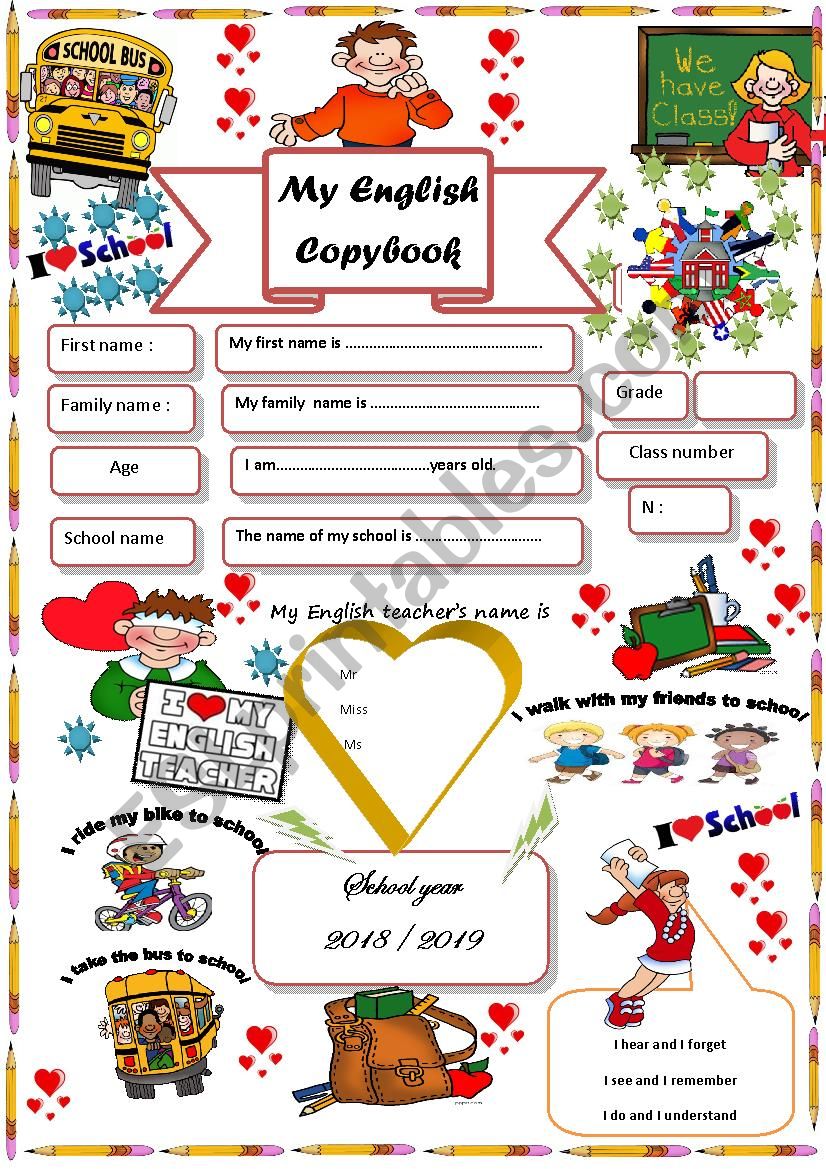 copybook cover all about me worksheet