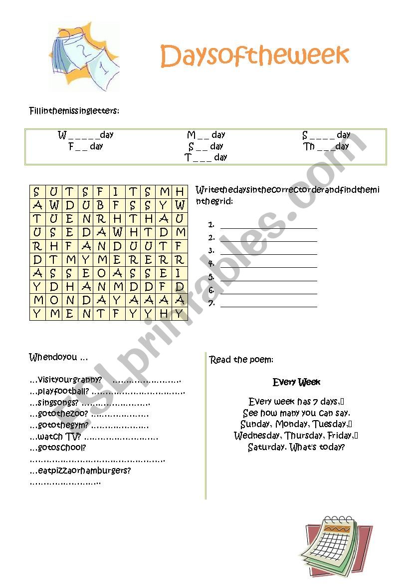 days of the week worksheet