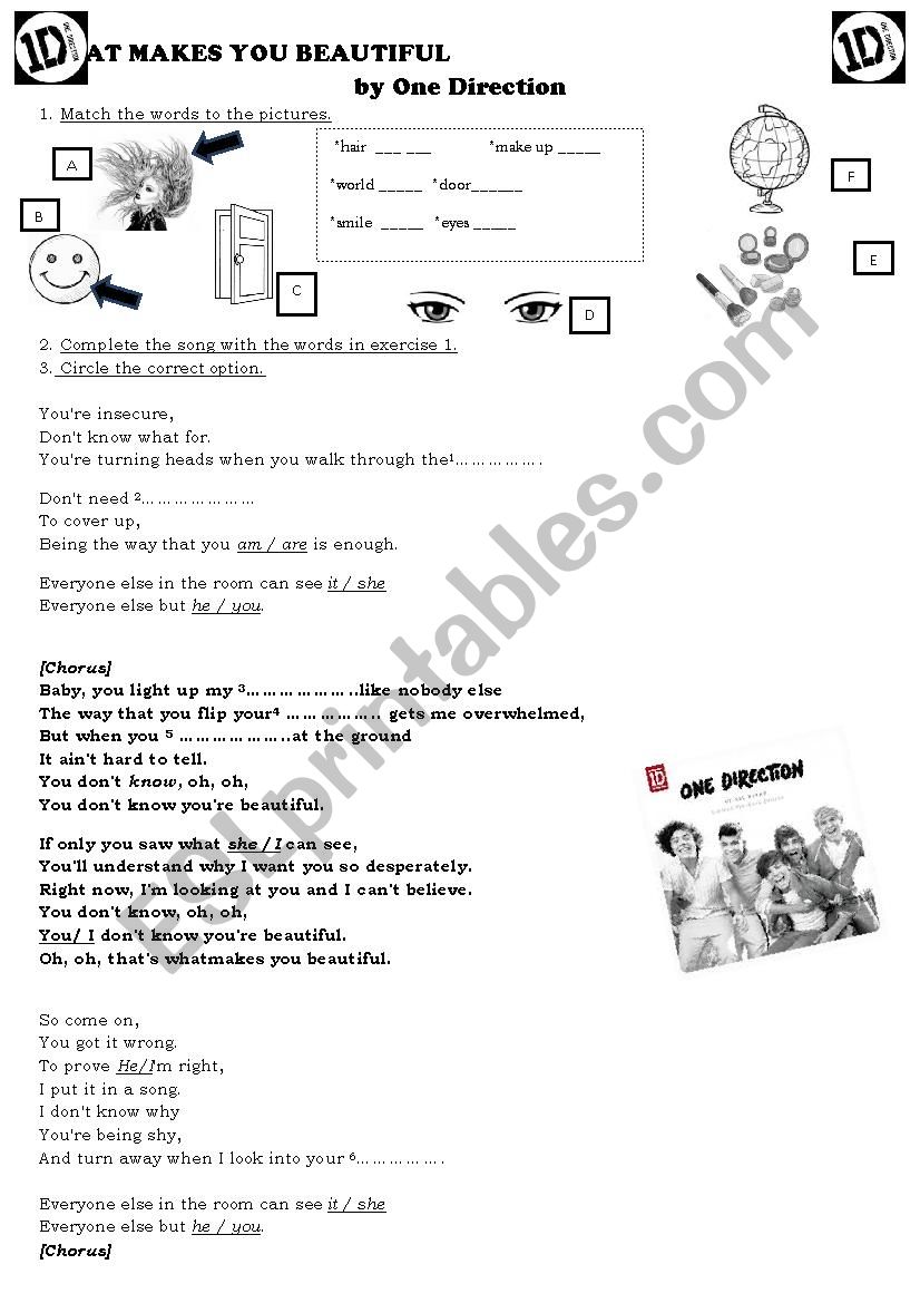What makes you beautiful  (one direction) song worksheet