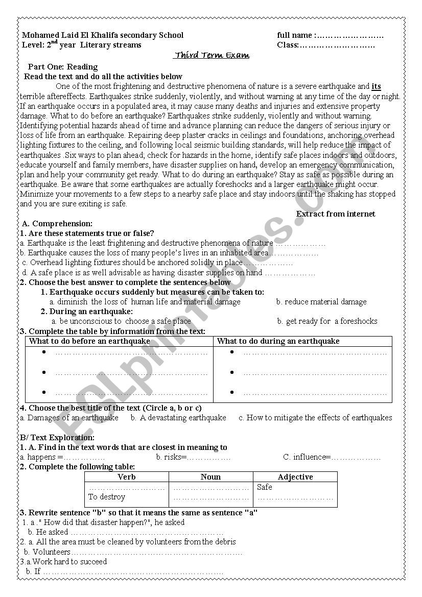 exam about earthquakes designed for 2nd year secondary school algerian students