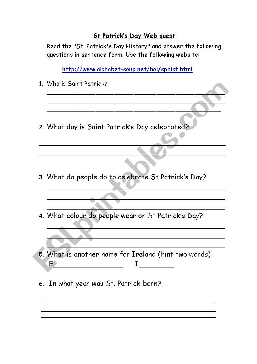 St Patricks Day Webquest worksheet